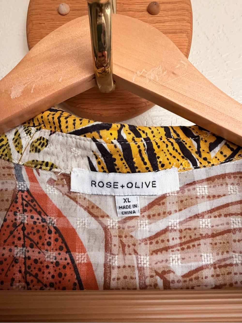 Rose & Olive Tropical Leaf Short Sleeve Button-Down in Rust, Yellow & White - Picture 5 of 5